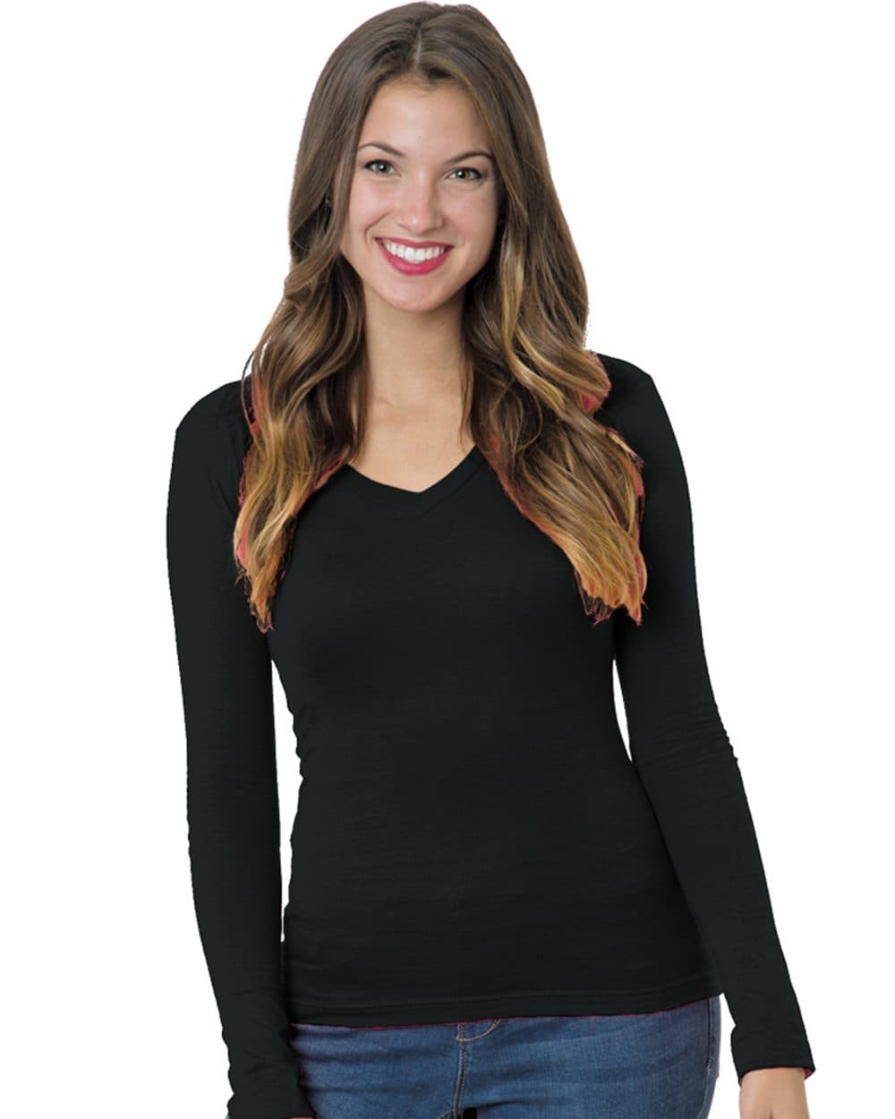 Bayside Women's USA-Made Deep V-Neck Long Sleeve T-Shirt