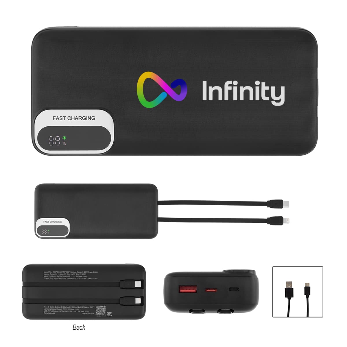 20,000 mAh rABS Power Bank With Built-In Cables