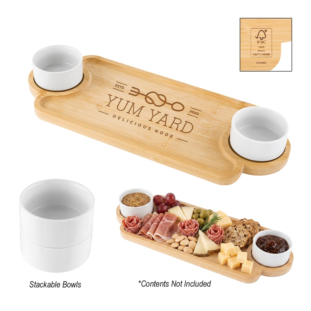 Bamboo Serving Tray With Porcelain Bowls