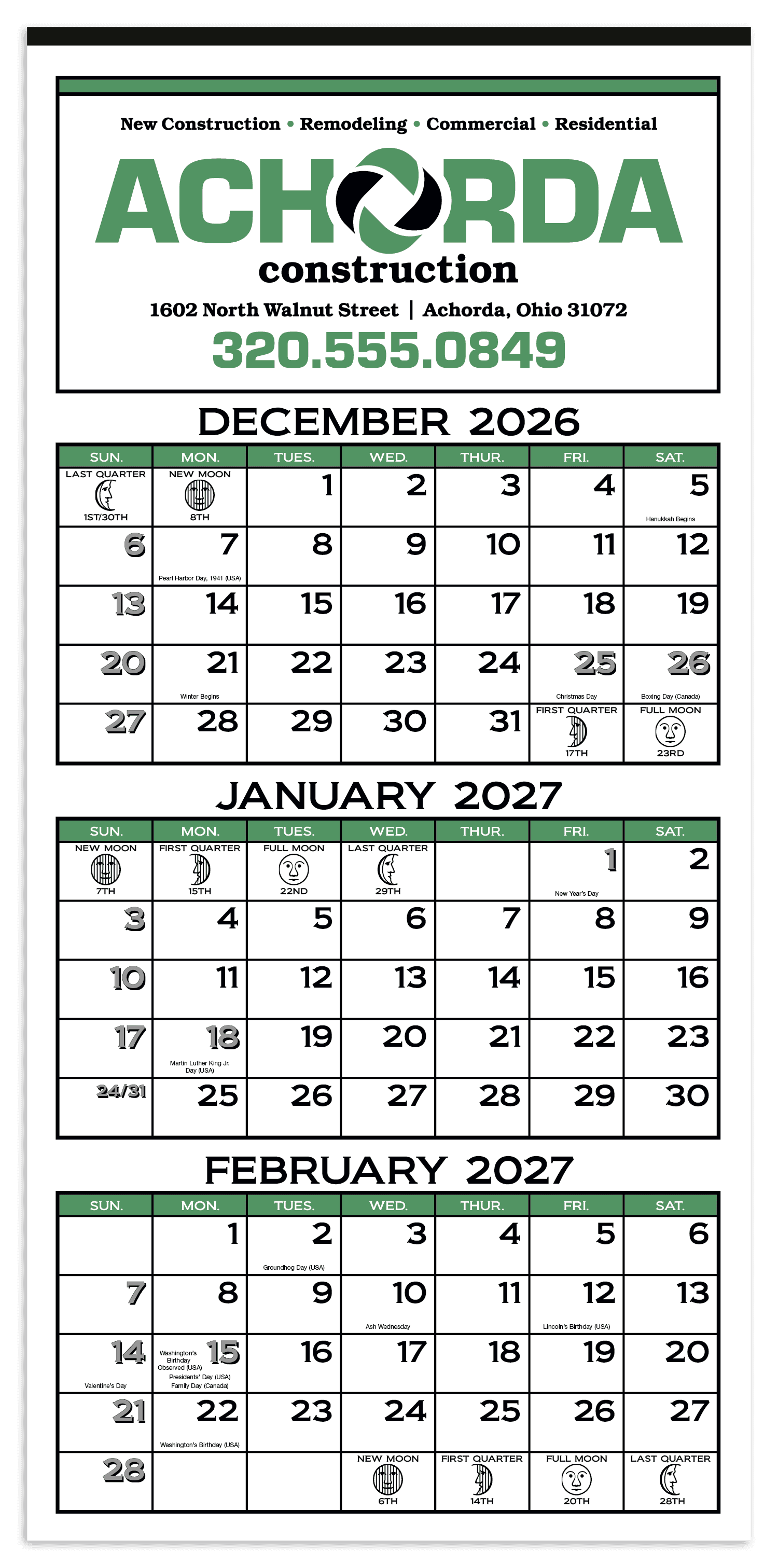 Skinner & Kennedy® 3-Month Display 12-Sheet Calendar