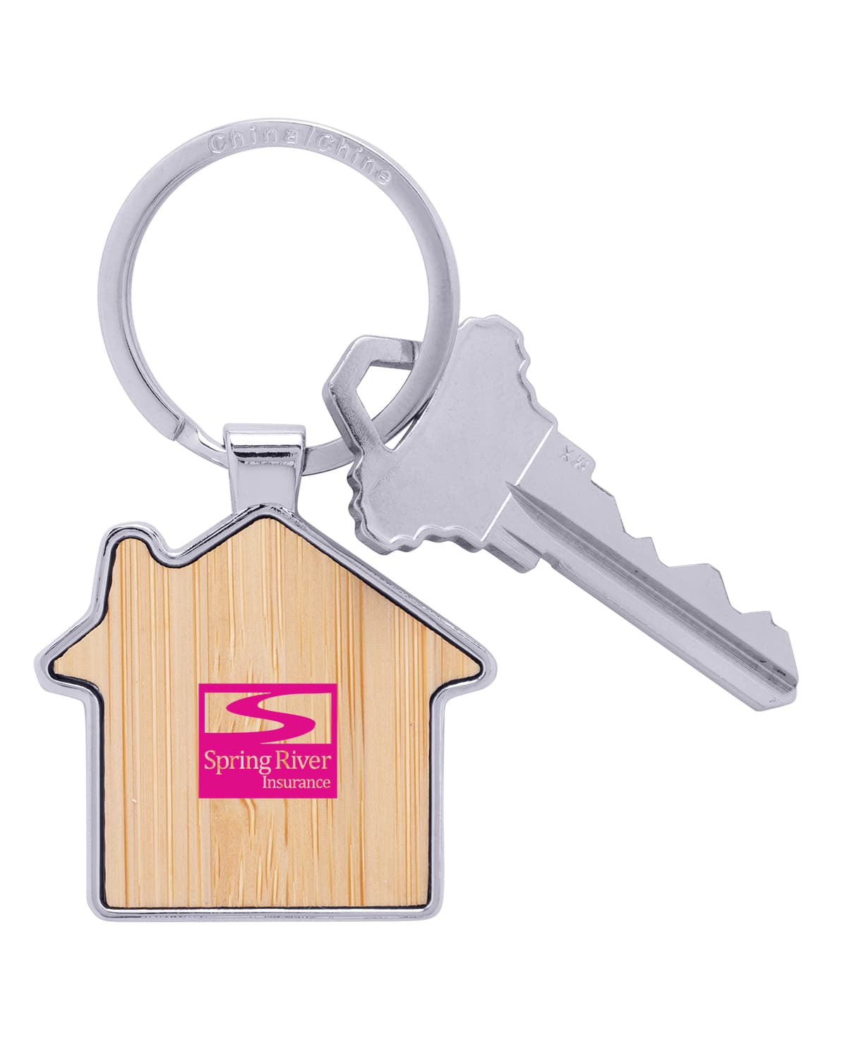 Bamboo & Metal House Keychain.